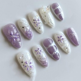 Almond Press on Nails Medium SWEKKE 3D Fake Nails Purple False Nails with Floral Bow Pearls Designs Summer Glossy Glue on Nail Stick on Nail for Women Girls 30Pcs