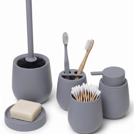 Set de Accesorios para Baño 5 Piezas Diseño Minimalista Moderno  Incluye Escobilla, Dispensador, Vaso, Porta Cepillos y Jabonera