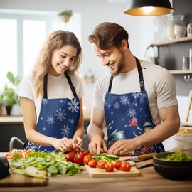 Kwlegh Navy Blue Snowman Apron Winter Christmas Kitchen Apron Lovely Snowman with Red Cardinal Birds Snowflakes Aprons Xmas Cooking Aprons With Two Pockets for Baking,Crafting, Painting