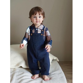 Renotemy Baby Boy Clothes Fall Winter Spring Gentleman Outfits Blue Plaid Flannel Bodysuit+Corduroy Overalls+Beret Hat Vintage Formal Church Wedding Golf Photoshoot Outfit for 12-18 Months Boys