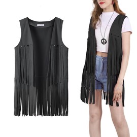 PARTTELY Women Fringe Vest 70s Hippie Costume Faux Suede Rivets Tassel Sleeveless Cowgirl Western Costume Jacket Outerwear