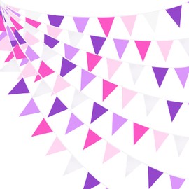 10M/32.8Ft Fabric Bunting Banner Rose Pink Purple Bunting Triangle Flag Garland Reusable Pennant for Birthday Wedding Baby Shower Anniversary Nursery Garden Outdoor Festivals Hen Party Decorations
