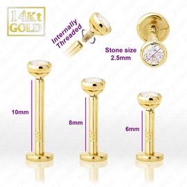 16G 14K Yellow Gold Bezel Set 2.5mm Moissanite Labret Monroe Stud 10mm Post Flat Disk Bottom Lip Ring Tragus Stud Internally Threaded 14KLBRT-BZ25MNT10YG