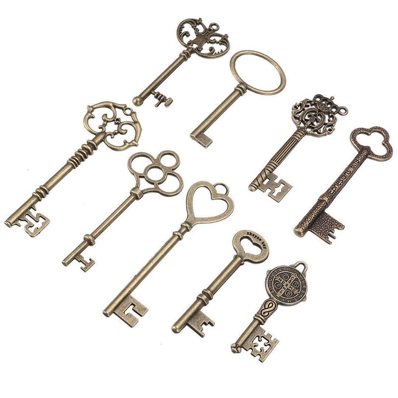 9PCS Big Large Antique VTG Old Brass Skeleton Keys Lot