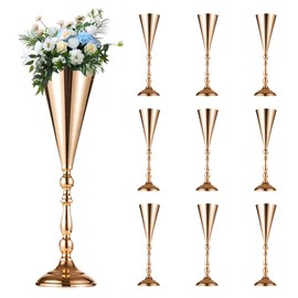 Hyuetrsa 10 Pcs Flower Trumpet Vases Table Decorative Centerpiece Gold Tall Flower Vases, 16.5 Inch Metal Wedding Vases Arrangement Flower Stand for Ceremony Party Birthday, Weddings, Home Decoration