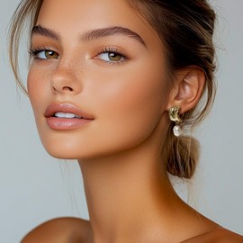 Sonateomber Gold Pearl Dangle Drop Earrings for Women,Dainty 14k Gold Plated Half Open Hoop Dangling Earings Wedding Prom Accessory Fashion Jewelry Gift