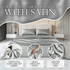 DECOLURE Satin Bed Sheets - 6 Piece Luxury Silky King Size Bedding Set - Softer Than Silk, Wrinkle-Free with 15” Deep Pocket Fitted Sheet, Perfect for Hair & Skin, Gifts for Women (Striped Grey)