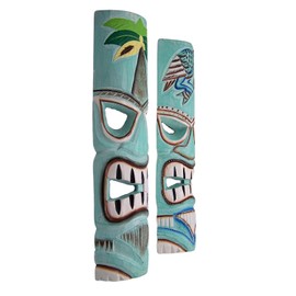 Wowser Tropical Bliss: Set of 2 Handcrafted Aqua Tiki Masks for Hanging Wall Décor, Assorted Designs, 19.25 Inches