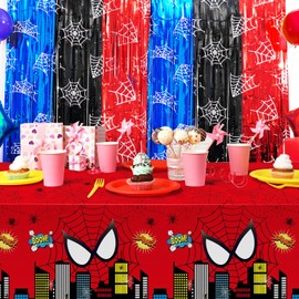 Spider Birthday Party Decoration, 2 Pack Spider Web Printing Red Black Blue 3.3 x 6.6ft Foil Fringe Curtains Tinsel Photo Booth Props Streamers Backdrop for Spider Party Supplies