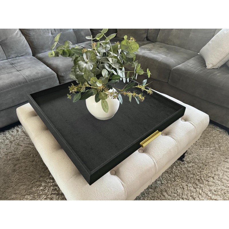 HofferRuffer Extra Large Square Serving Tray, Elegant Faux Leather Ottoman