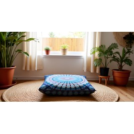 INDIAN CRAFT CASTLE 24" Blue Peacock Mandala Barmeri Large Floor Pillow Cover Cushion Meditation Seating Ottoman Throw Cover Hippie Decorative Zipped Bohemian Pouf Ottoman Pom Pom Cases 24" Square