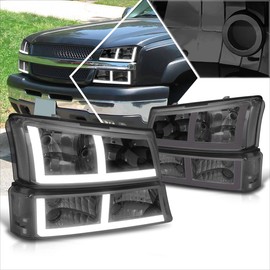 PM PERFORMOTOR Headlights Assembly Compatible with 2003-2007 Chevy Silverado Avalanche, 4Pcs Headlamps with F-Style LED DRL Bumper Lamps/Clear Corner