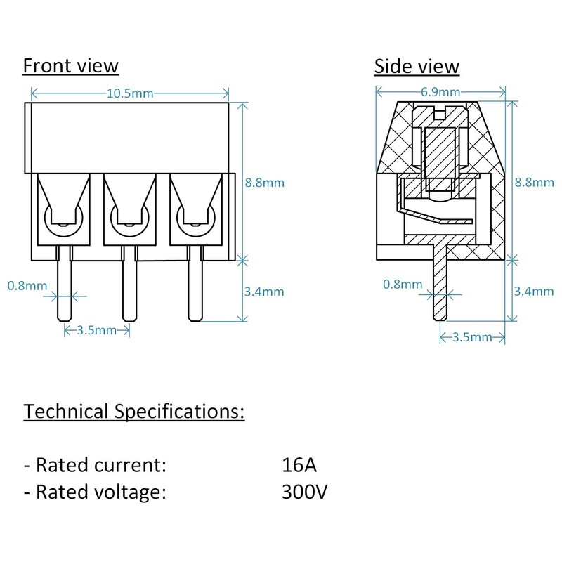 Screw Terminal Block Connector 3.5mm Pitch (3 pin, 20 Pieces)