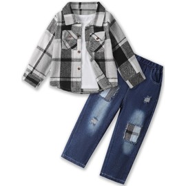 Tainmully Toddler Clothes for Boys Plaid Shirt Jacket White T-shirt Top and Jeans Pants 3Pcs 3 Year Old Boy Clothes