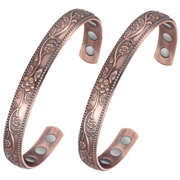 Feraco 2 Pcs Magnetic Copper Bracelet for Women,Magnetic Therapy Bracelet for Arthritis Pain Relief,High Gauge 99.9% Solid Copper with Magnets, Anti-Allergies Vintage Flower Copper Magnetic Bracelets