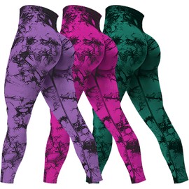 Rugkey Women's 3 Piece Yoga Leggings High Waist Tie Dye Seamless Scrunch Butt Lifting Athletic Booty Pants Purple/Rose/Green XL