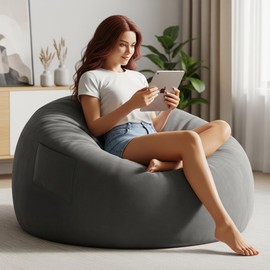 Simple Deluxe Bean Bag Chair 3 Ft for Adults & Teens with Supportive Memory Foam Filled, Sturdy Handles, Side Pocket&Removable Washable Cover, Sofa Beanbag for Living Room, Bedroom, Dorm, Dark Grey