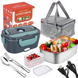 Fiambrera Eléctrica 3 En 1, 1.5l Caja de Almuerzo Eléctrica Enchufable Camión/Coche/Oficina Caja de Almuerzo de Calefacción Portátil 12V/ 24V/110V, Con 304 Tenedor de Acero Inoxidable, Cuchara
