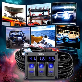 VKU Light Bar Wiring Harness Kit with 3 Gang Rocker Switch Panel Ammeter and Voltmeter Display, 12V to 24V DC Aluminum ON Off Panel Switch, 16AWG LED Wiring Kit for RV Cars Marine Boats ATVs Trailer