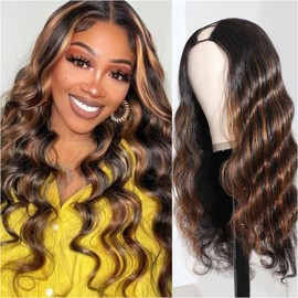 V Part Wig Human Hair Body Wave Glueless No Leave Out Upgrade 16 Inch U Part Wigs Human Hair Clip In Half Wigs 100% Real Human Hair Elastic Drawstring For Women 180% Density #1B/30