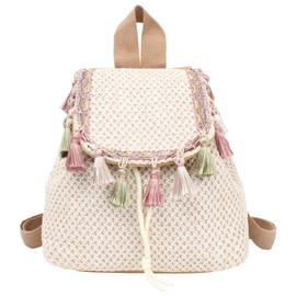Women Mini Straw Flap Backpack Boho Summer Fringed Tassel Shoulder Bag Woven Backpack Casual Daypack For Beach Holiday Daily Use