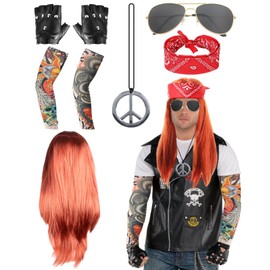 8 Pcs Rock Star Fancy Dress, 70s 80s Rock Wig Set Rockstar Costumes Accessories for Men Women with Gloves Sunglasses Temporary Tattoo Sleeves Necklace Bandana for World Book Day Disco Carnival Party