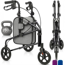 Vive Mobility 3 Wheel Walker - Three Wheeled Rollator for Seniors - Lightweight, Foldable, Narrow, Heavy Duty - for Elderly Men Women - Folding 3-Wheel Tri Scooter with Basket Bag