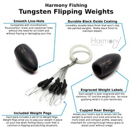 Harmony Fishing - Tungsten Flipping Weights (Chip-Proof Oxide Coated) for bass Fishing [Includes Weight Pegs] (1 oz (2 Pack))
