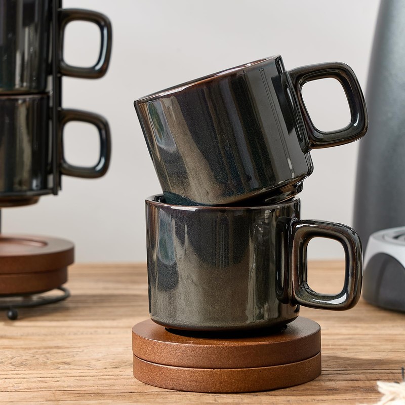 LUKA Porcelain Stackable Espresso Cups with Saucers and Metal Stand,