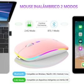 EASYTAO Mouse Inalámbrico, Mouse Bluetooth/Wireless2.4GHz Modos Dual Recargable con Iluminación RGB, Click Silencioso con Receptor USB 3 Ajustable dpi Ratón para Computadora, Portátil, PC, Mac (Rosa)