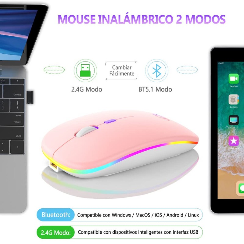 EASYTAO Mouse Inalámbrico, Mouse Bluetooth/Wireless2.4GHz Modos Dual Recargable con Iluminación