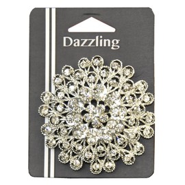 Belagio Enterprises 3-inch Round Peacock Rhinestone Brooch 1 PIece, Silver/Crystal