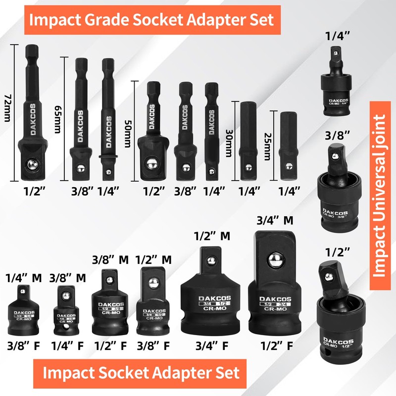 DAKCOS 17 Pieces Impact Socket Adapter Set, Includes Reducer, Universal
