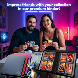 FORZAROCKET 4 Pocket Toploader Binder, Holds 112 Top Loaders, 8 INCLUDED, Waterproof PU Leather, Archival Safe Pockets, Compatible with Sports, Trading Cards in 3"x4" Toploaders (4 pocket, Navy Blue)