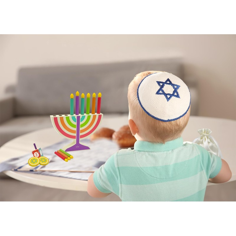 Mini Hanukkah Children Wooden Chanukah Menorah Multicolor with Removable Candles