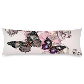 Butterfly Body Pillow Cover 20"x54" Pillow Case Butterflies Printed Long Pillow Cases Protector with Hidden Zipper Decorative Blossom Bedding Pillowcase Rectangle Soft Cushion Covers for Bedroom,Pink