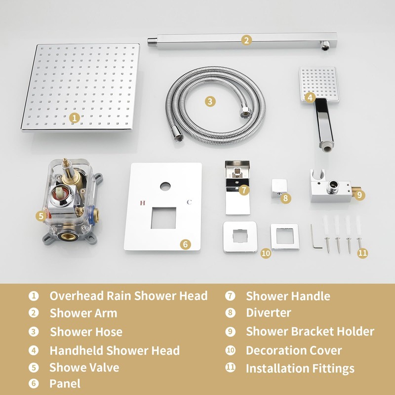 BWE Chrome Shower Faucet Set,Rainfall Shower Head with Handheld Shower,Two