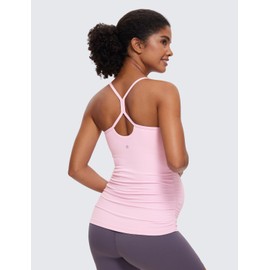 CRZ YOGA Butterluxe Y Back Maternity Tank Tops for Women Ruched Pregnancy Basic Camisole Sleeveless Athletic Yoga Shirts Pink Peony Medium