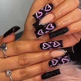Valentine's Day Press on Nails Black Long Fake Nails with Hearts Designs French Tip Shiny Stick on Nails Full Cover Glue on Nails Rhinestones False Nails for Women Girls Holiday Nail Decorations24pcs