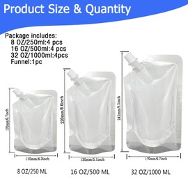 12Pcs Drinks Flasks - Juice & Food Grade Plastic Flasks, Reusable & Leak-Proof Drink Pouches with Funnel (8OZ+16OZ+32OZ)
