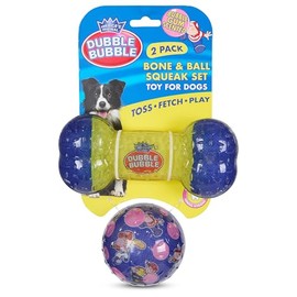 Double Bubble™ Squeaky Ball & Bone Set – 2-Pack Durable Dental Toys for Dogs – Classic Tootsie Fun!
