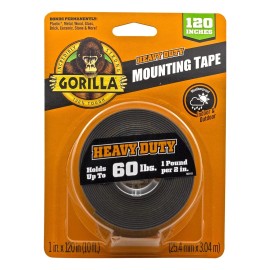 Gorilla Heavy Duty Double Sided Mounting Tape, Black Tape, 1" x 120" (Pack of 1)
