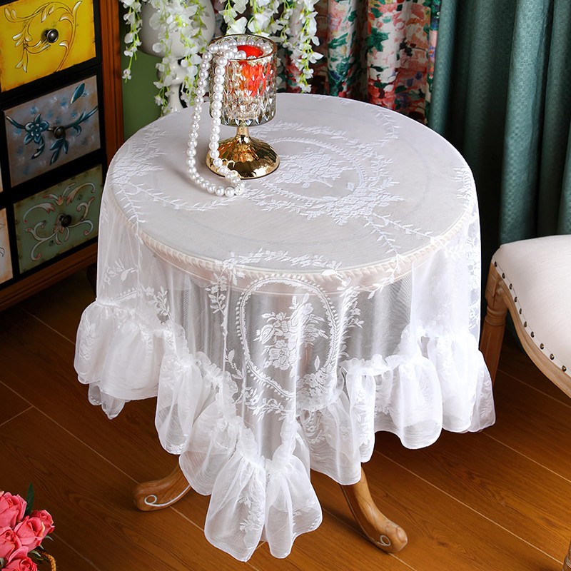 Vintage White Lace Tablecloth with Flowers, Embroidered Ruffles Square Table
