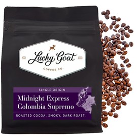 Lucky Goat Single Origin Whole Bean Coffee – Midnight Express Colombia Supremo – Roasted Cocoa, Smoky, Heavy Body - Dark Roast, 12 Ounce Bag, 100% Arabica