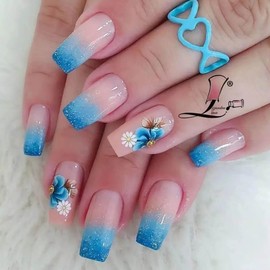 Long Square Press on Nails Light Blue Gradient French Tips Fake Nails Blue Glitter False Nails Glue on Nails with Flower Design Nails Press on Acrylic Nails Full Cover Stick on Nails for Women