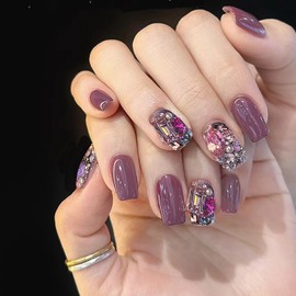 CJDLTS Rhinestones Press on Nails Short Square Full Cover Glossy Purple Acrylic False Nail Glitter Diamond Design Square Stick on Nail Press Ons Artificial Fingernails 24Pcs Glue on Nails for Women