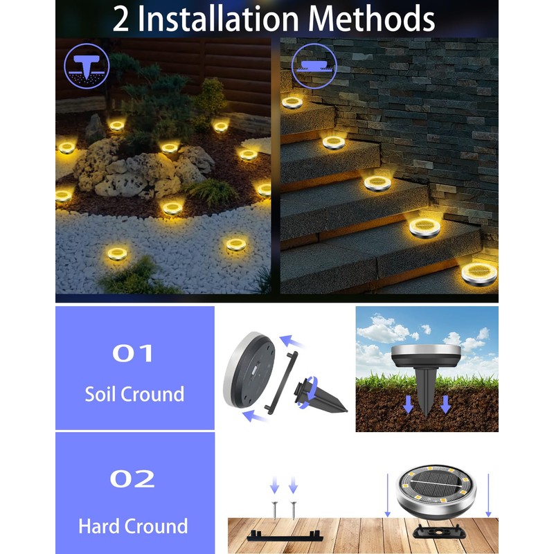 Solar Lights Outdoor Waterproof, 8 Pack 8 LED, Thickened Stainless