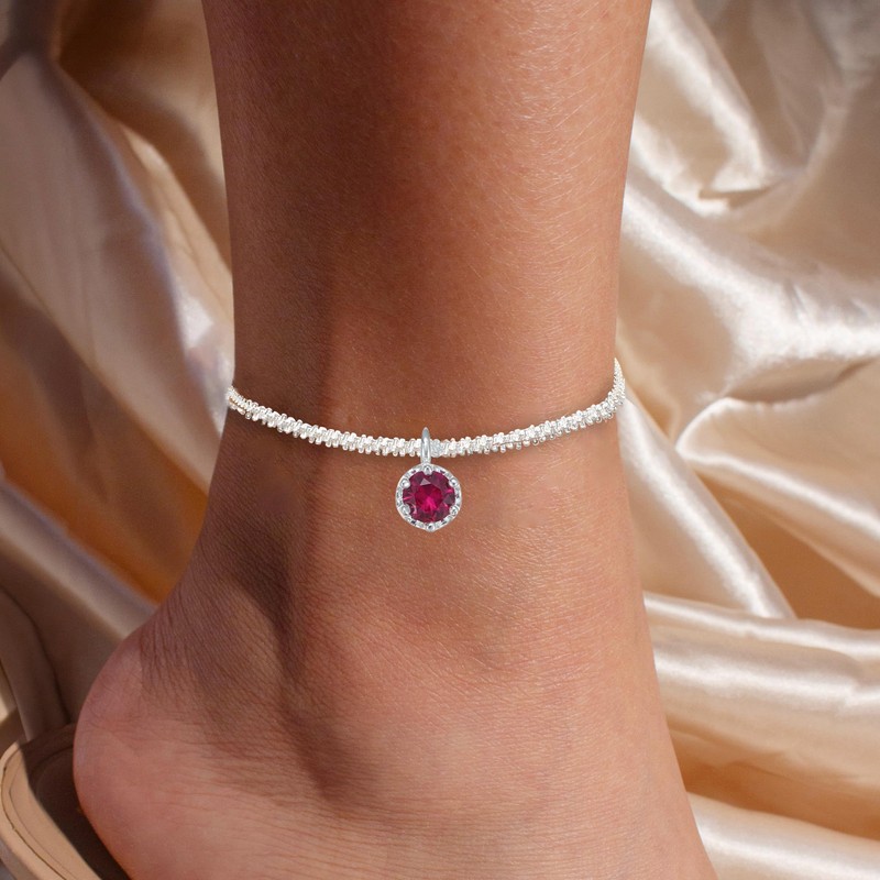 Wellike Silver Ankle Bracelets For Women Waterproof July Pink Birthstone