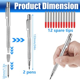 Tungsten Carbide Scriber, 2 Pcs Carbide Scriber Pen with Magnet Scribe Tool, Etching Pen With Clip with Extra 12 Replacement Marking Tip for Glass, Ceramics, Hardened Steel, Metal Sheet