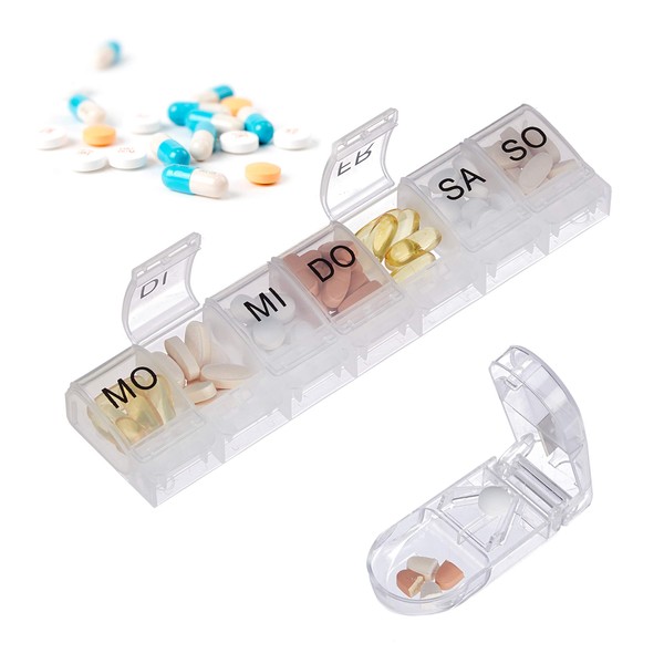 1 x 7 Day Medicine Box with Pill Cutter Home Travel Weekly Pill Box Transparent Black